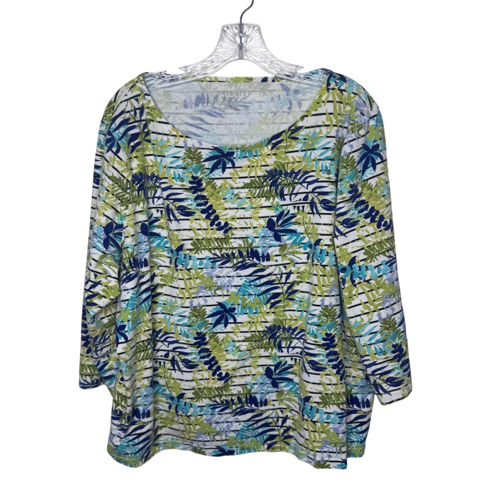 Talbots Woman 3X Tropical Leaf Striped Scoop Neck 3/4 Sleeve Knit Top Green Blue